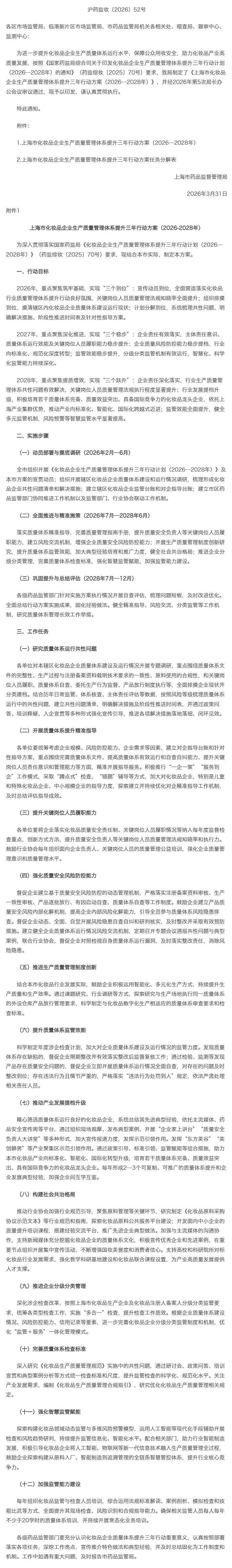 上海市药品监督管理局关于印发上海市化妆品企业生产质量管理体系提升三年行动方案（2026—2028年）.png
